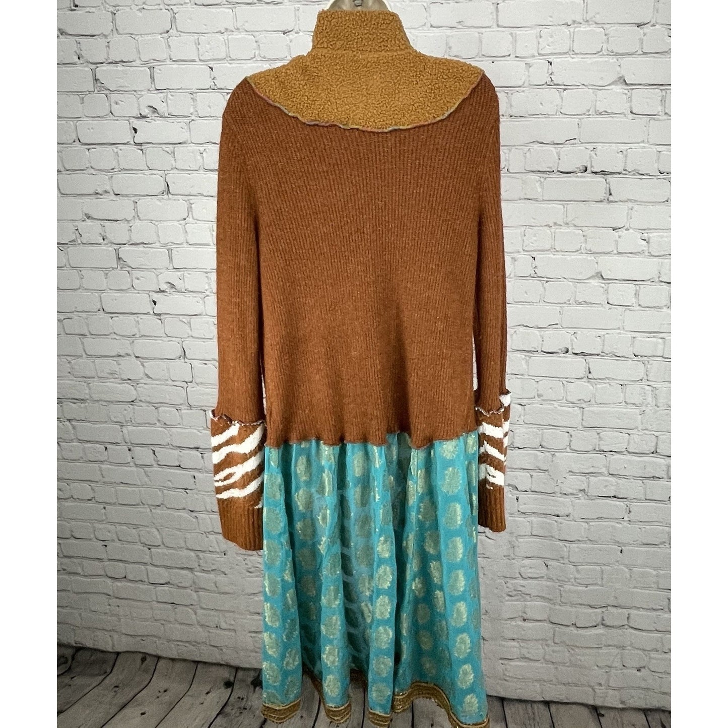 Upcycle By Jelbel Brown Blue Gold Trim Button Up Cardigan Duster Size Small S