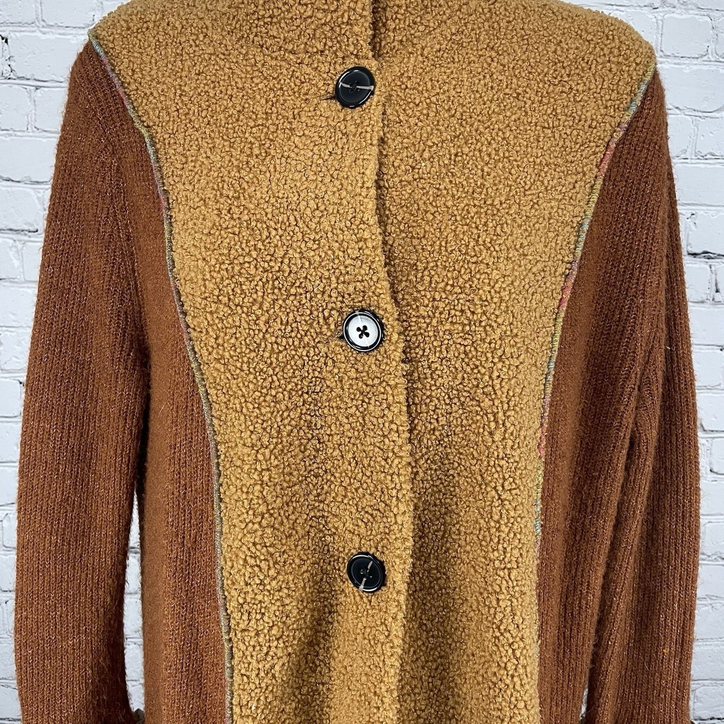 Upcycle By Jelbel Brown Blue Gold Trim Button Up Cardigan Duster Size Small S