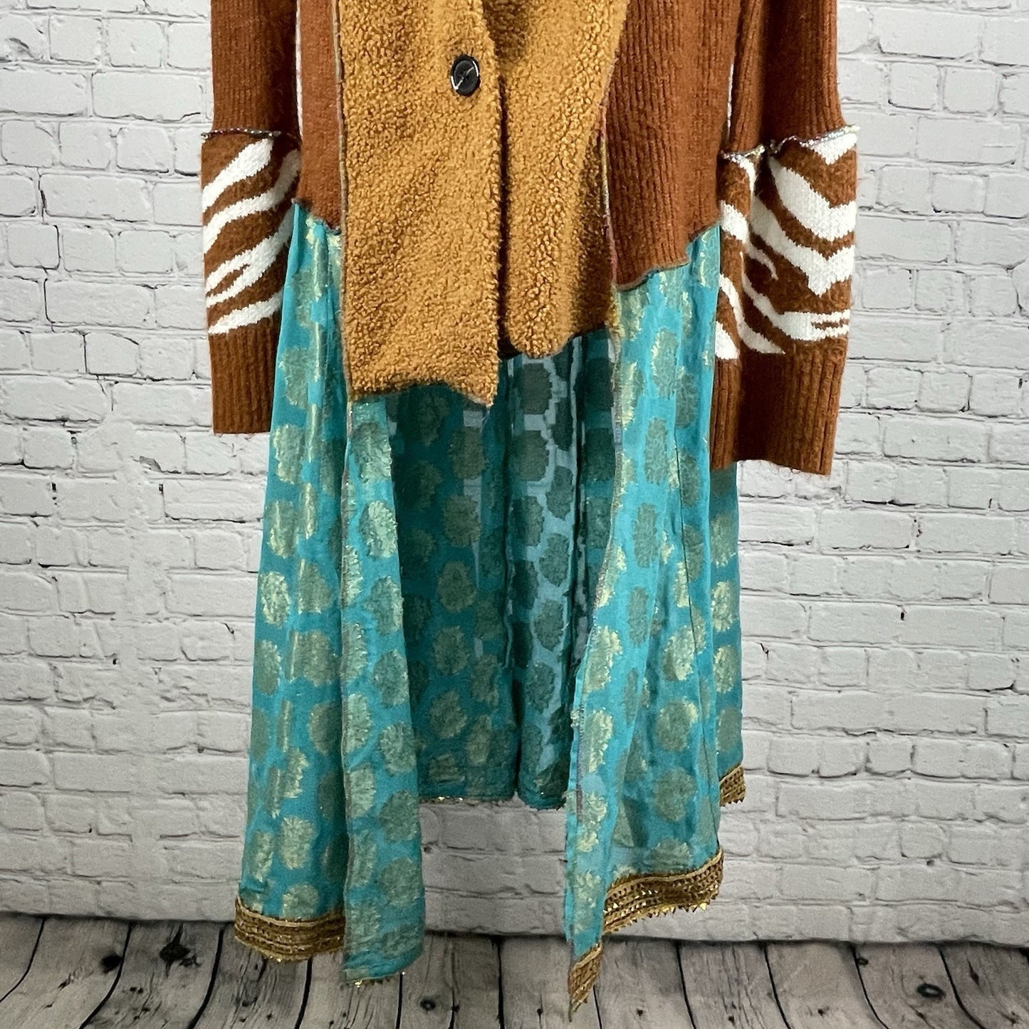 Upcycle By Jelbel Brown Blue Gold Trim Button Up Cardigan Duster Size Small S