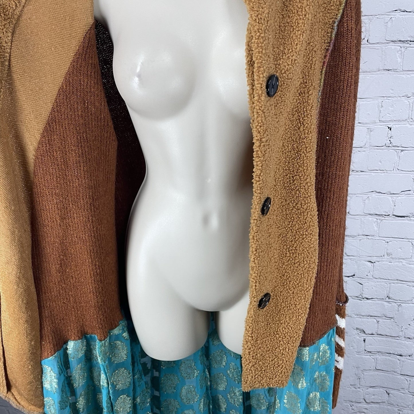 Upcycle By Jelbel Brown Blue Gold Trim Button Up Cardigan Duster Size Small S