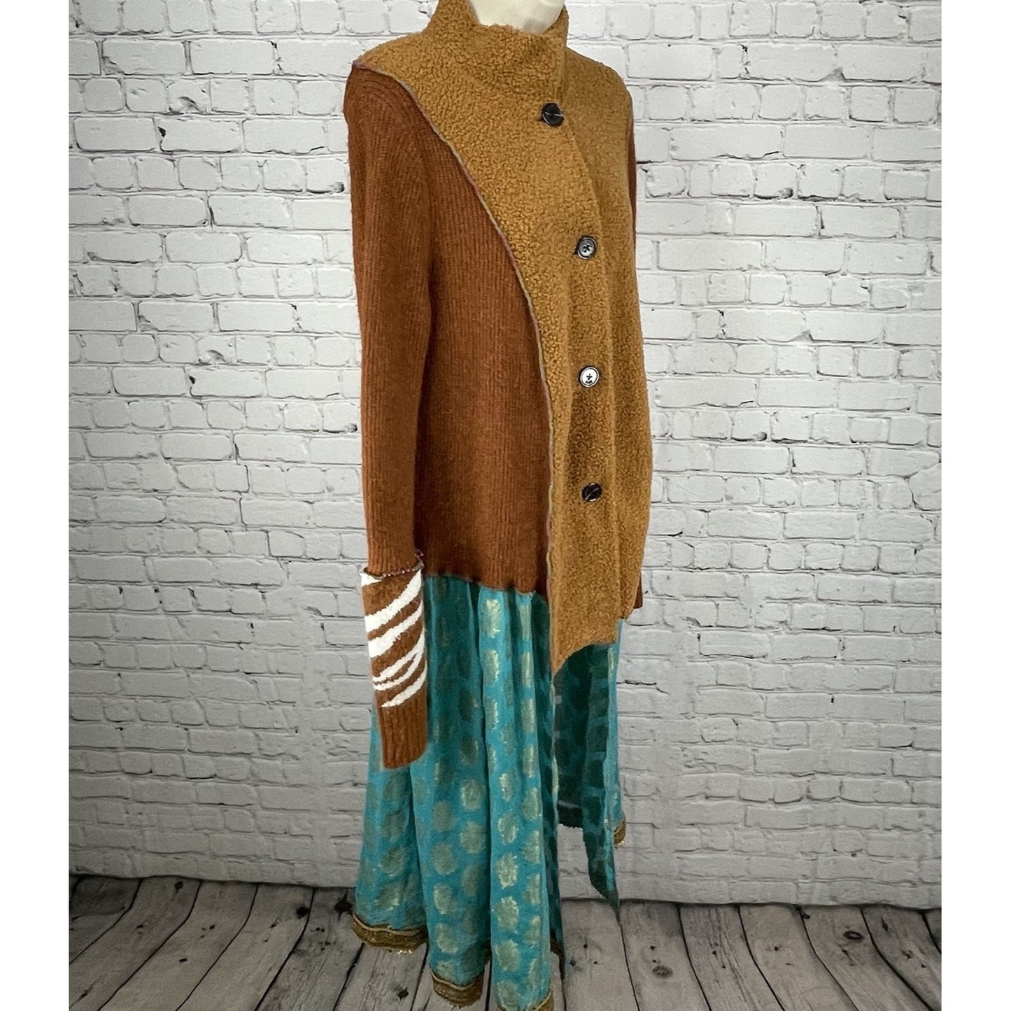 Upcycle By Jelbel Brown Blue Gold Trim Button Up Cardigan Duster Size Small S