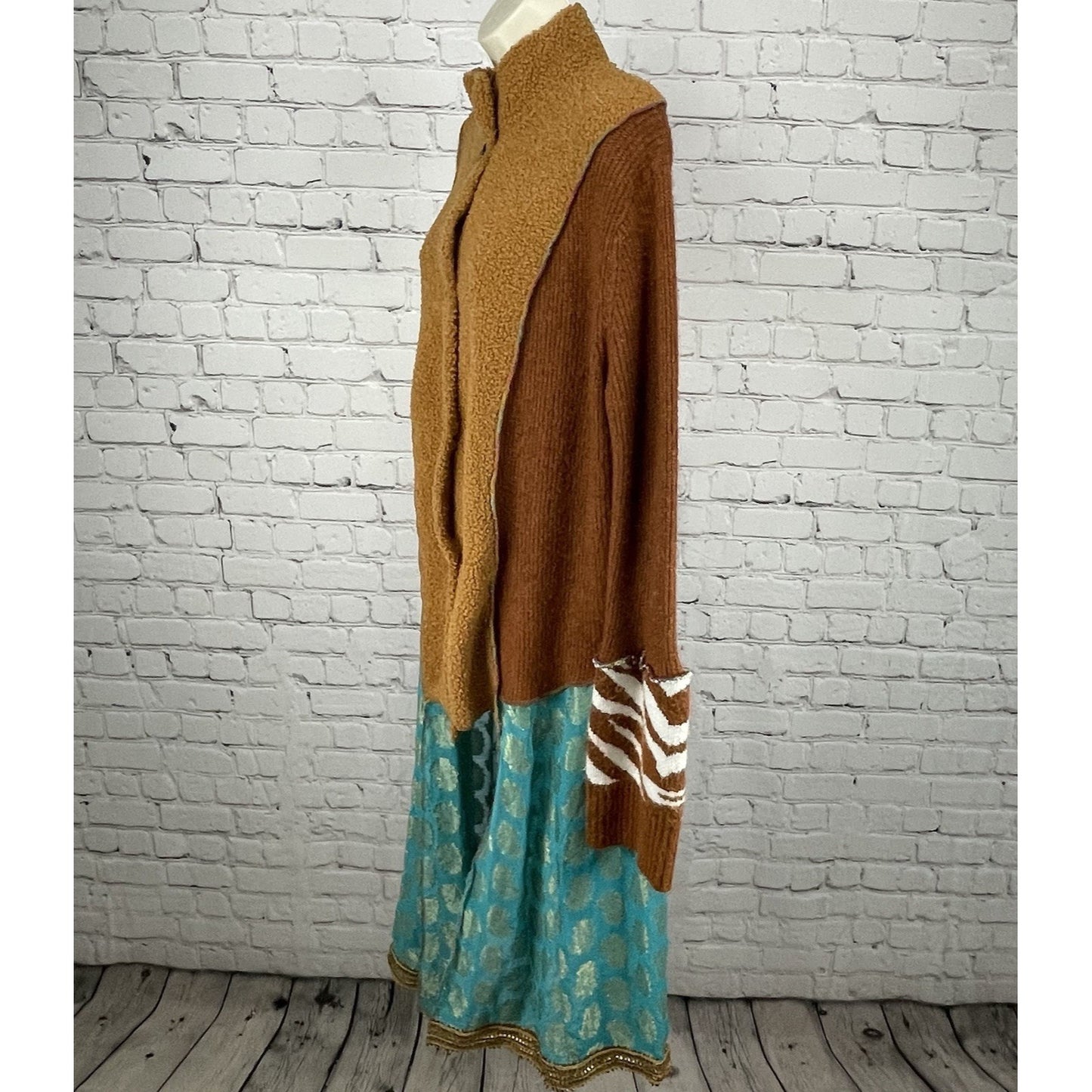 Upcycle By Jelbel Brown Blue Gold Trim Button Up Cardigan Duster Size Small S