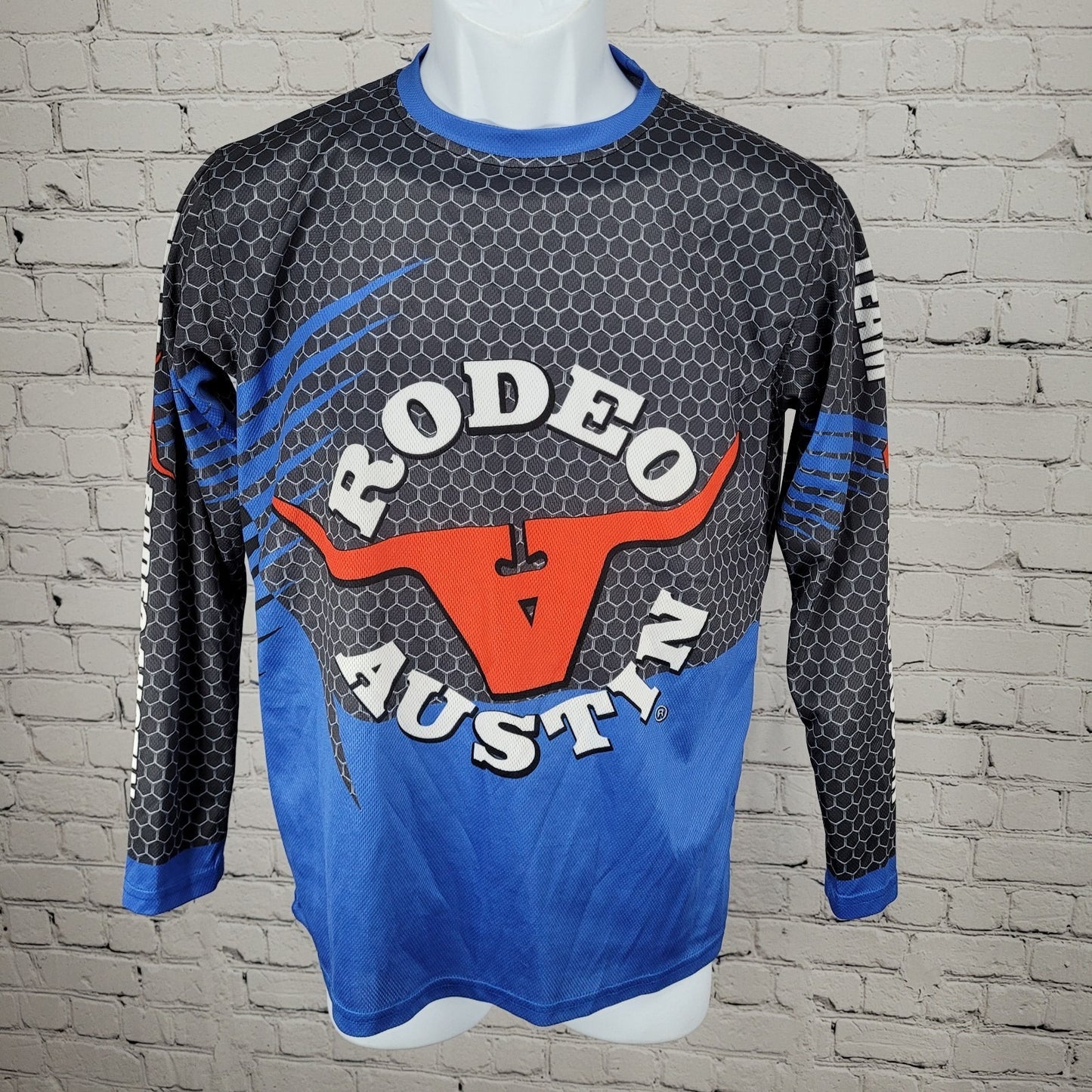 Rodeo Austin Texas USA Grey Blue Bullfighter Jersey Long Sleeve Shirt Small S