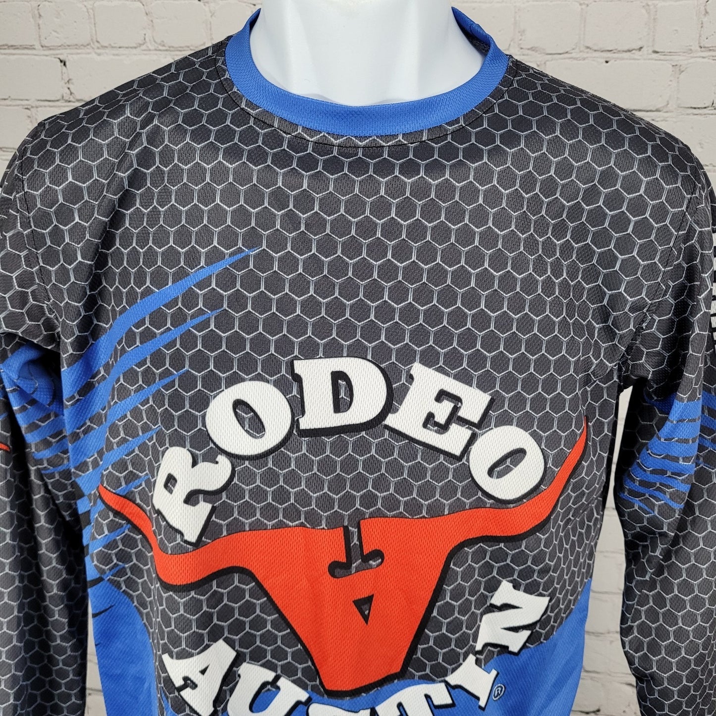 Rodeo Austin Texas USA Grey Blue Bullfighter Jersey Long Sleeve Shirt Small S