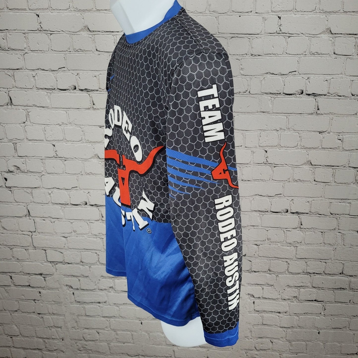 Rodeo Austin Texas USA Grey Blue Bullfighter Jersey Long Sleeve Shirt Small S