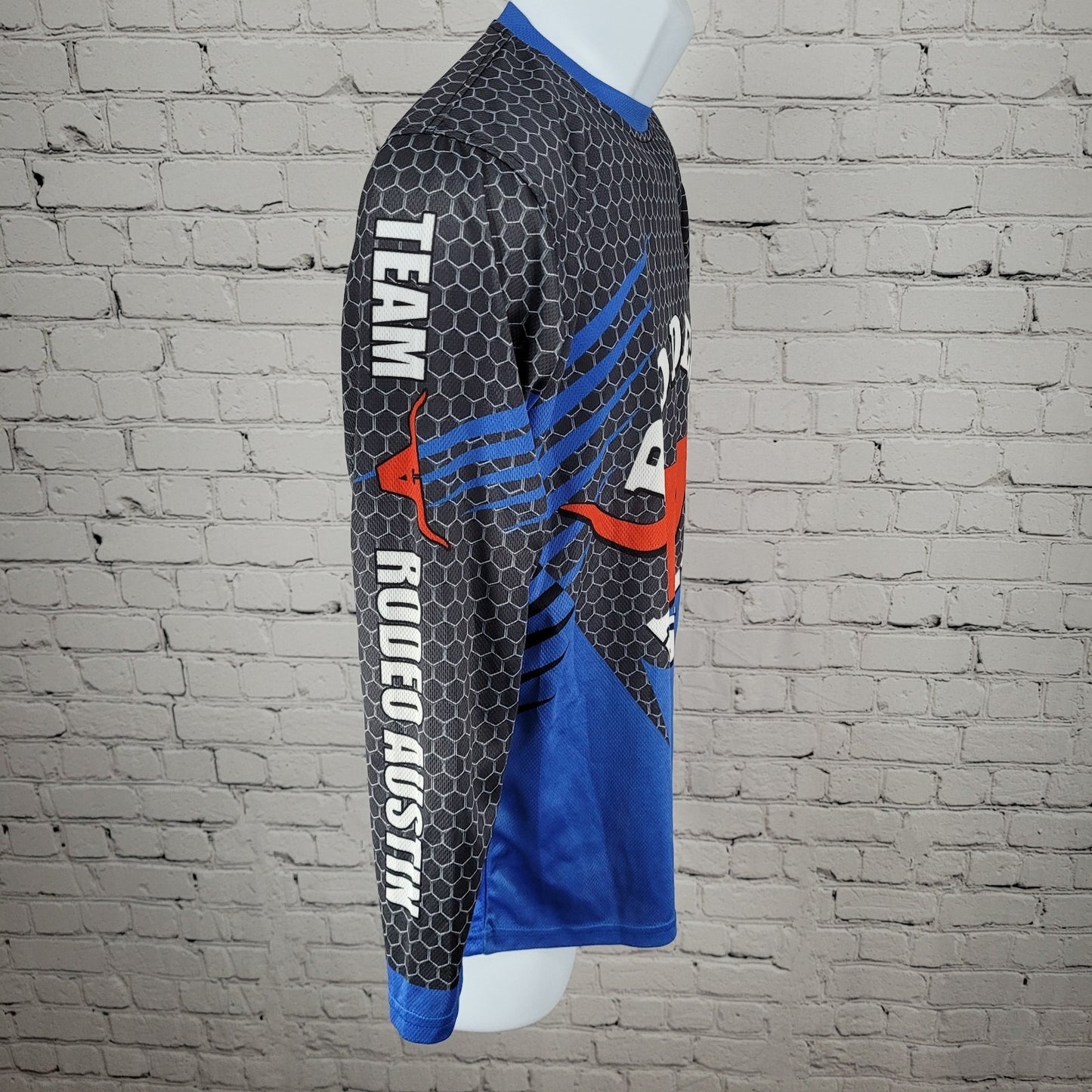 Rodeo Austin Texas USA Grey Blue Bullfighter Jersey Long Sleeve Shirt Small S