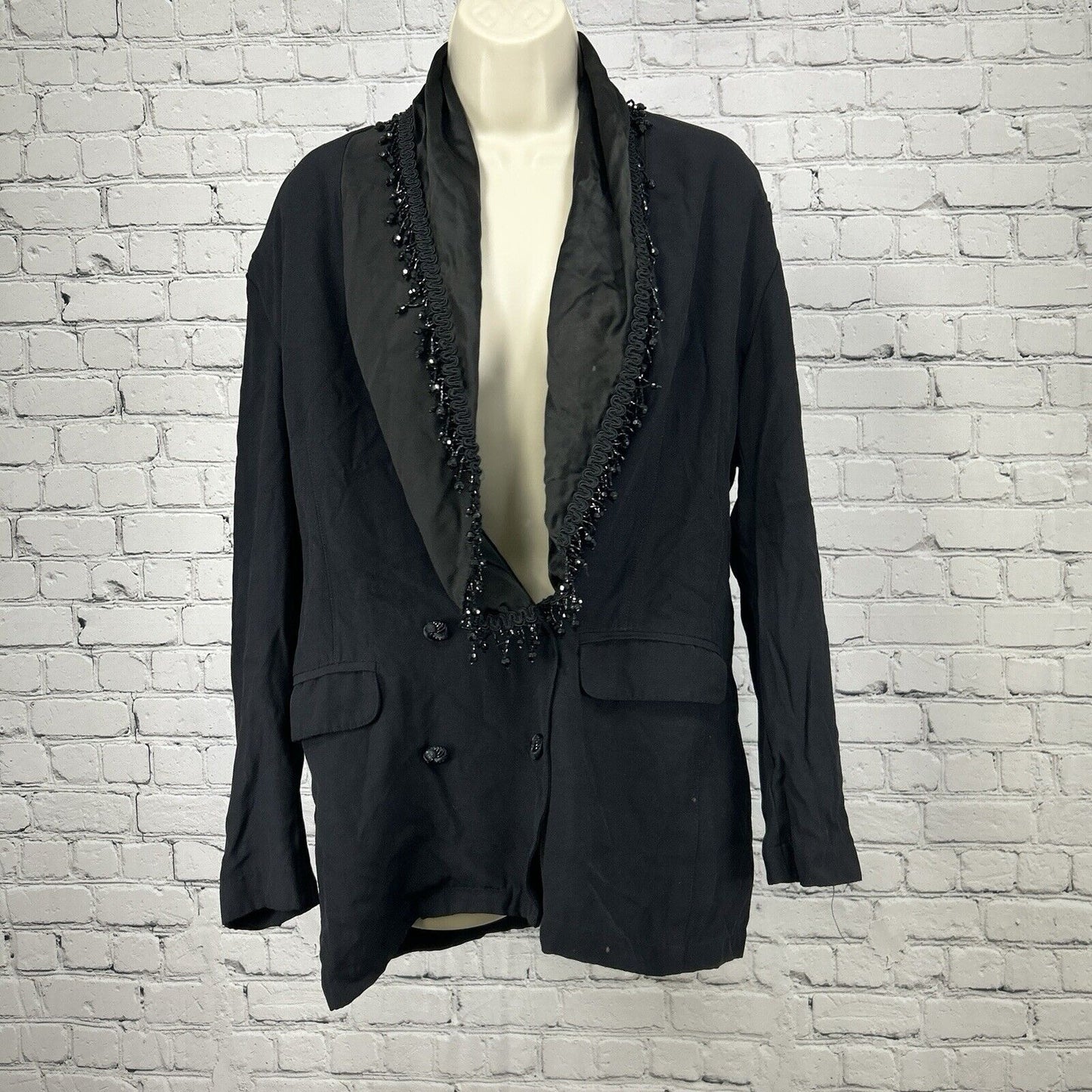 VTG Rhonda Harness Black Beaded Cowl Collar Double Breasted Blazer Size 14