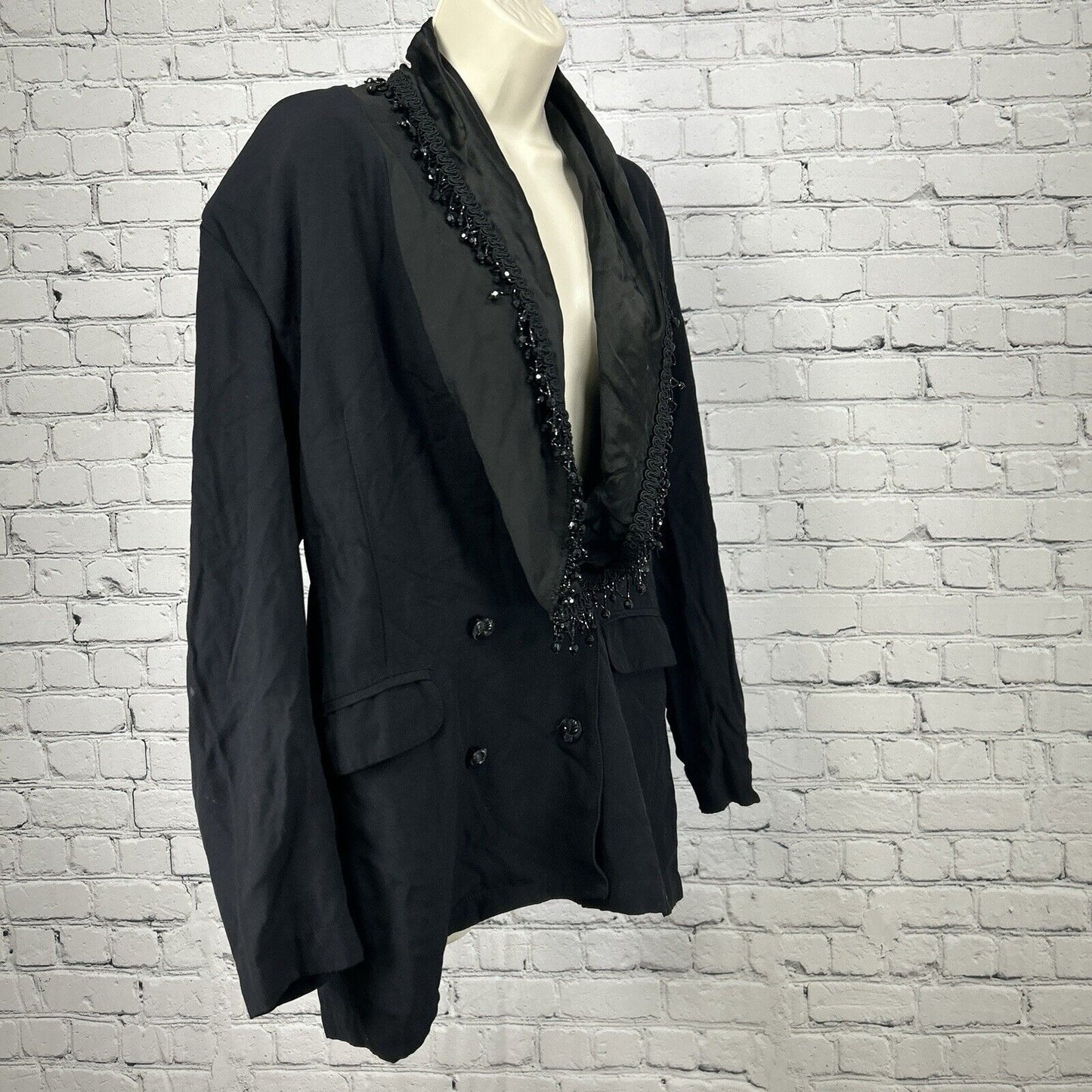 VTG Rhonda Harness Black Beaded Cowl Collar Double Breasted Blazer Size 14