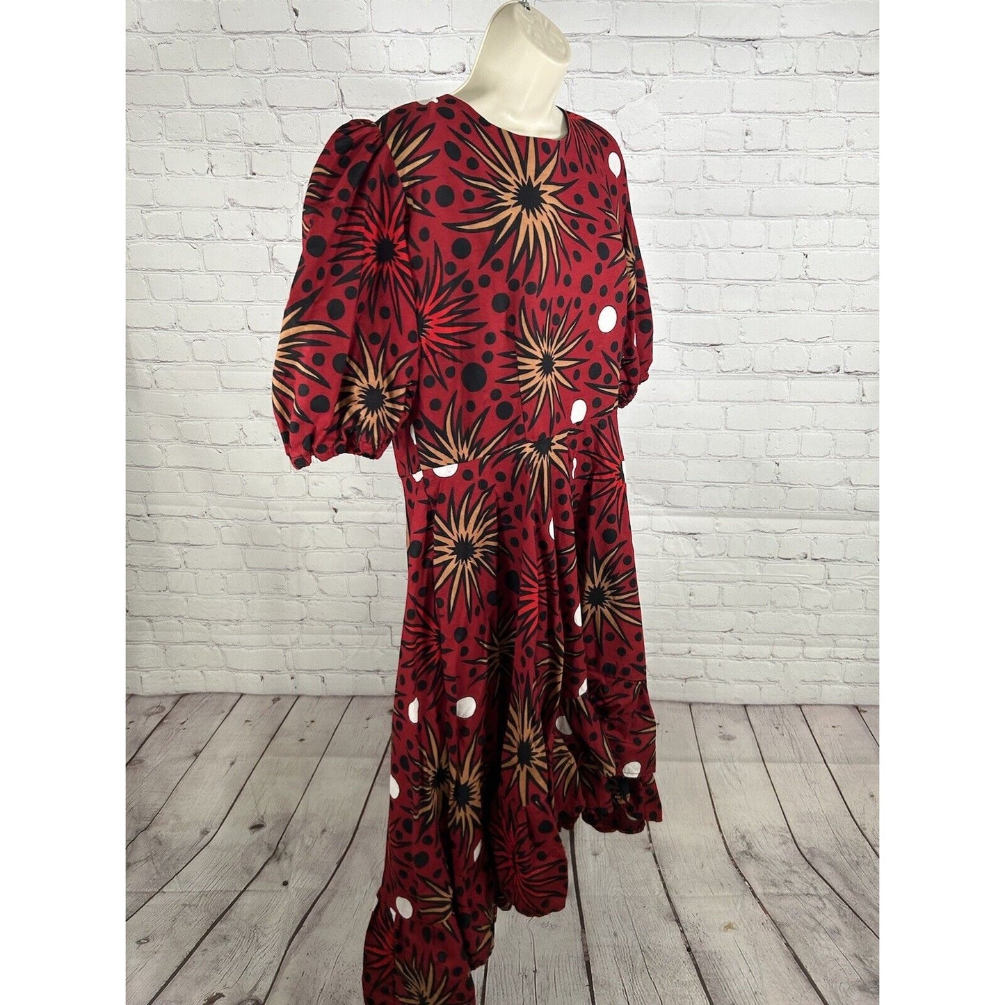 Heritage Clothings Handmade In Africa Poof Sleeve Hi-Low Dress Red W/ Pockets XL