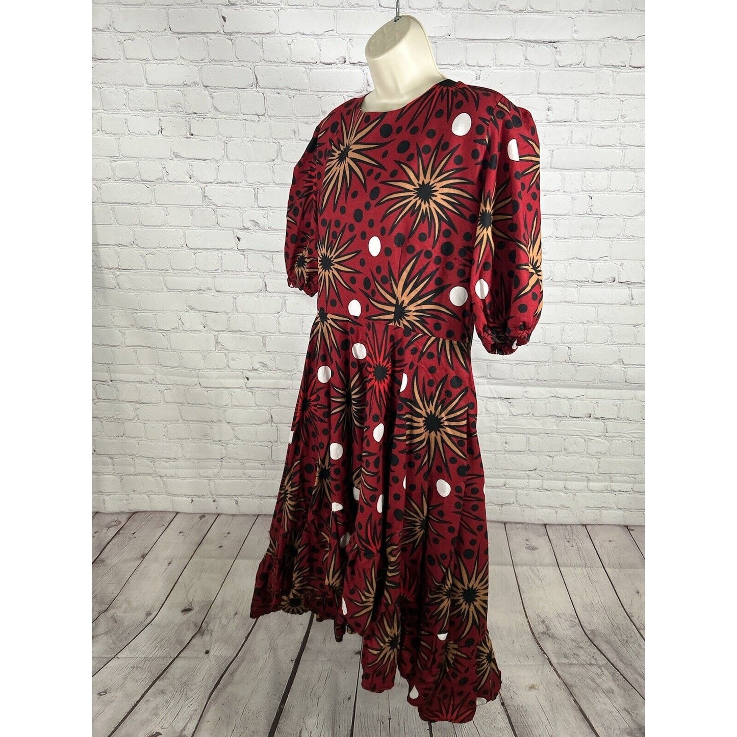 Heritage Clothings Handmade In Africa Poof Sleeve Hi-Low Dress Red W/ Pockets XL