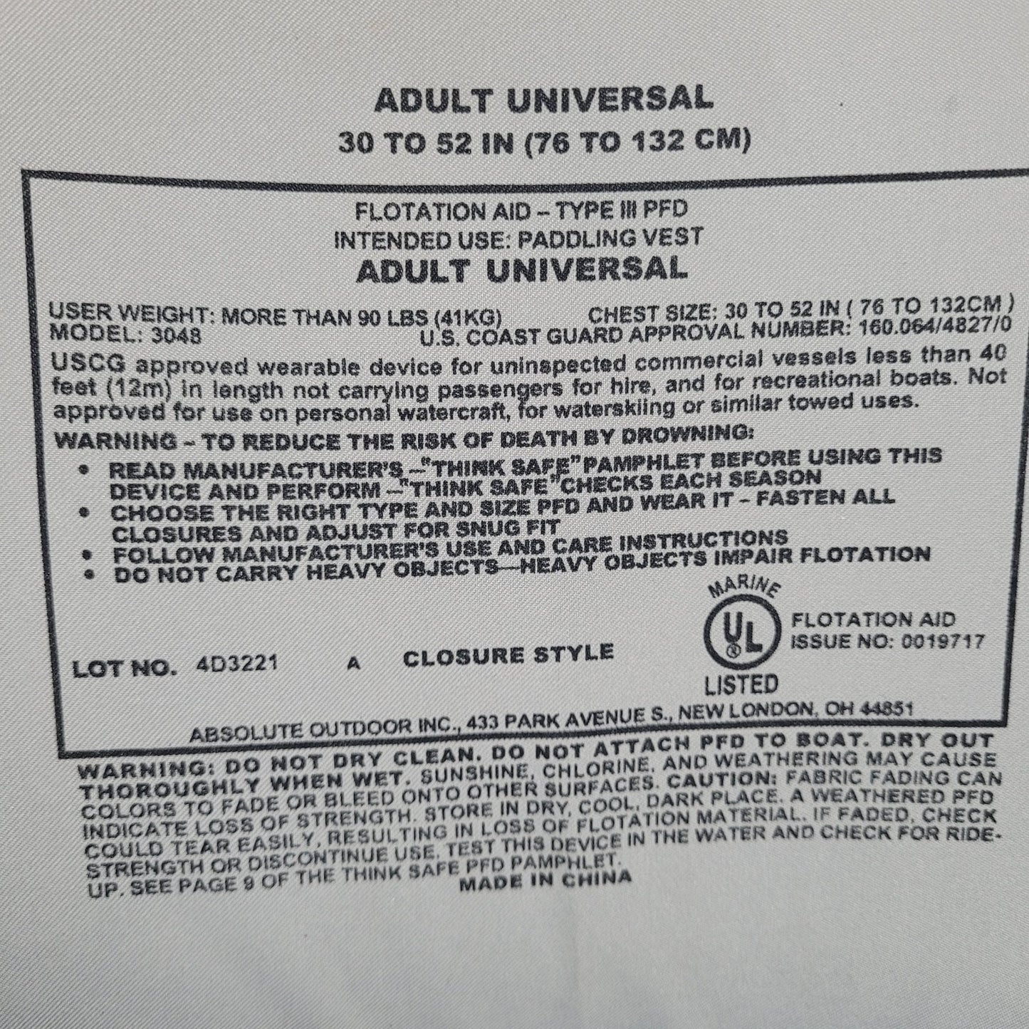 Magellan Green Type 3 PFD Adult Universal Paddling Life Vest Jacket 30-52" Chest
