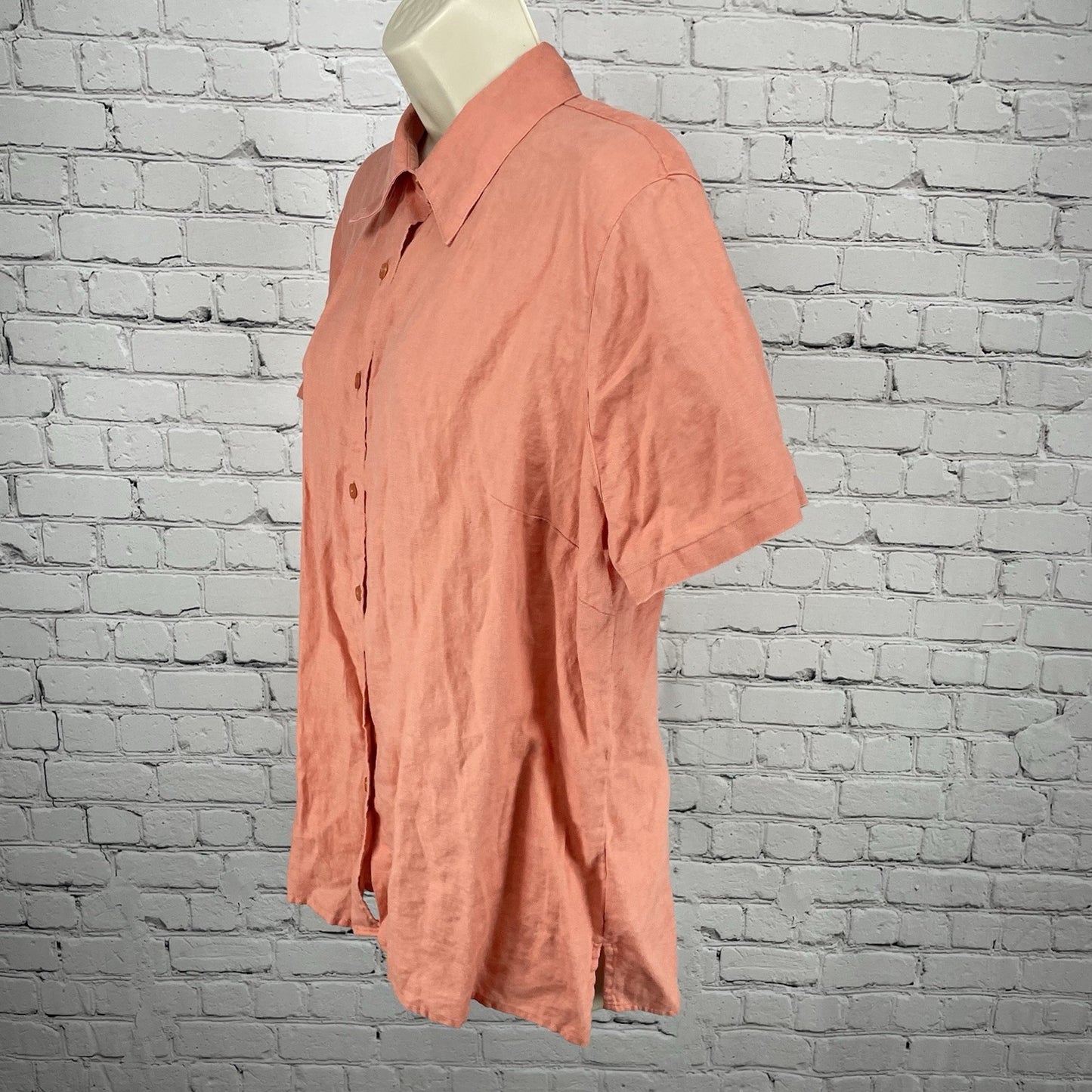 LL Bean Orange 100% Linen Lightweight Short Sleeve Button Up Shirt Size Large L