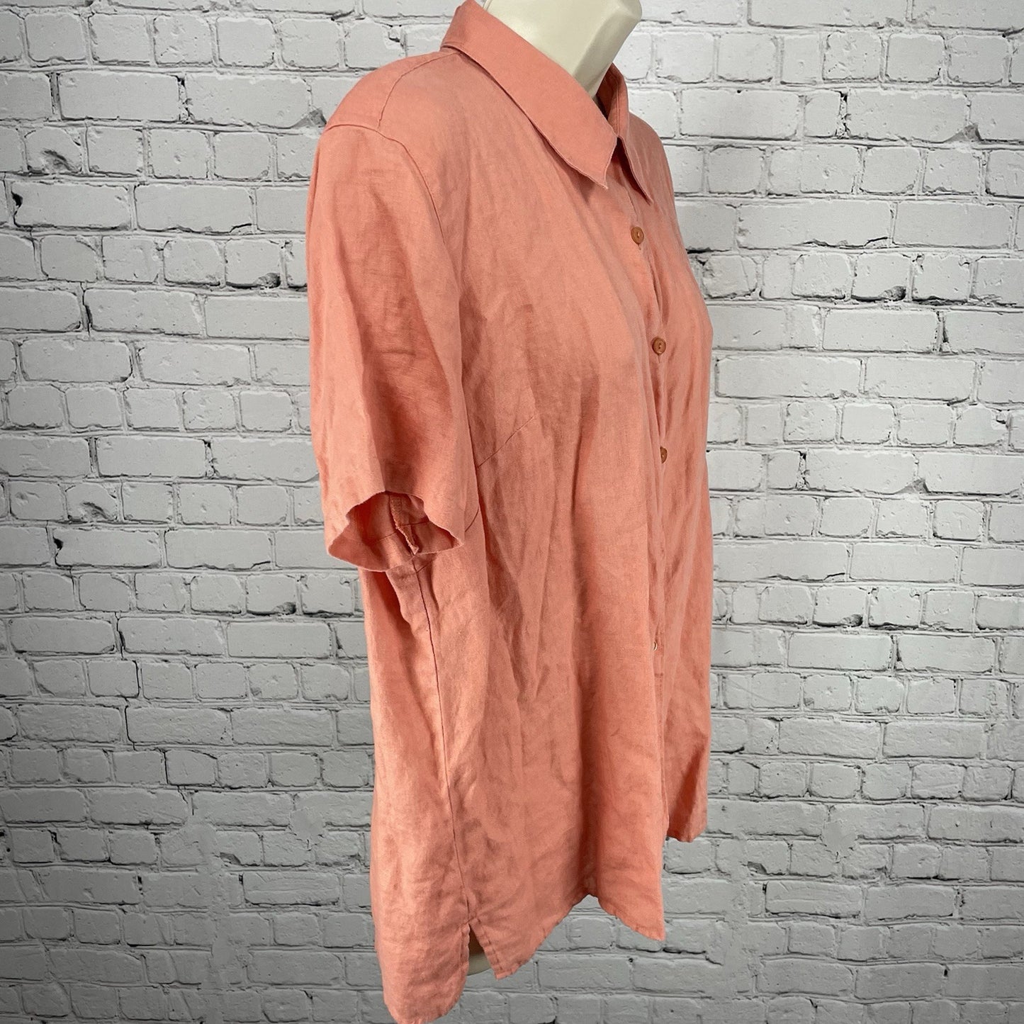 LL Bean Orange 100% Linen Lightweight Short Sleeve Button Up Shirt Size Large L