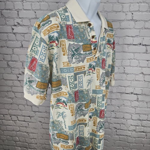 VTG Island Fever Cream Tropical Bahama Print Cotton Short Sleeve Polo Shirt L