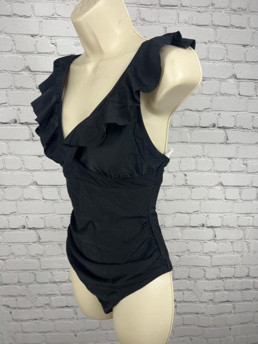 Cupshe Black Ruffle Plunge V Neck Lace Up Back One Piece Swimsuit S