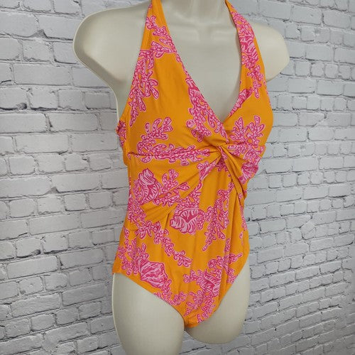 Ellen Tracy Orange Pink Coral Print Twist Front Halter One Piece Swimsuit 10