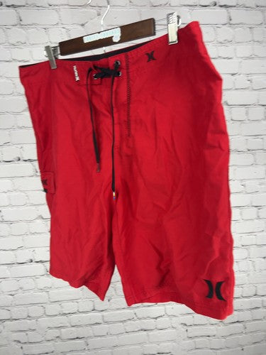 Hurley Red Black Logo Cargo Pocket Board Shorts Swim Trunks 34