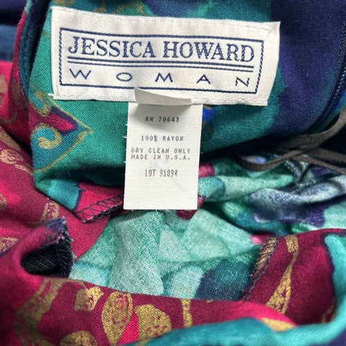 VTG Jessica Howard Colorful Shoulder Pad Front Wrap Back Zip Long Dress 22
