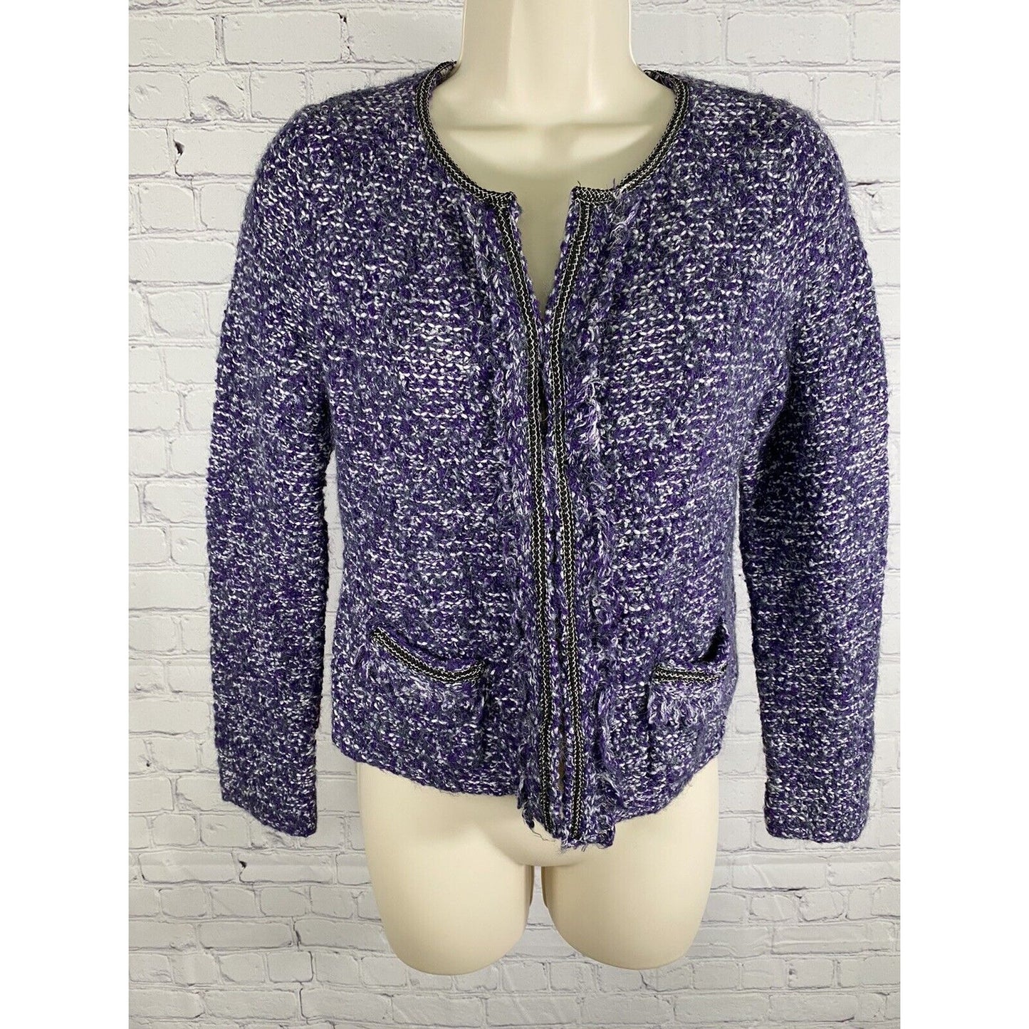 Chicos Purple White Gray Wool Blend Knit Sweater Jacket Hook Eye Closure XS