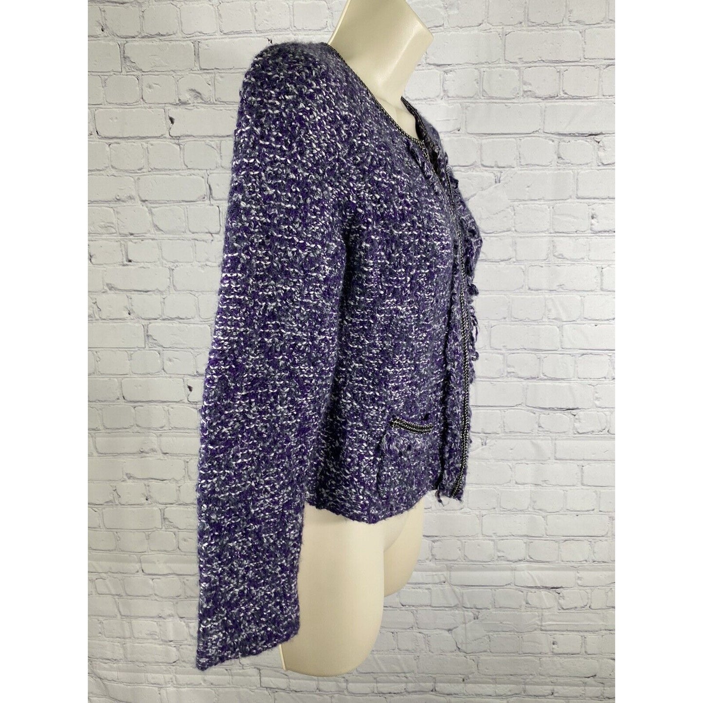 Chicos Purple White Gray Wool Blend Knit Sweater Jacket Hook Eye Closure XS