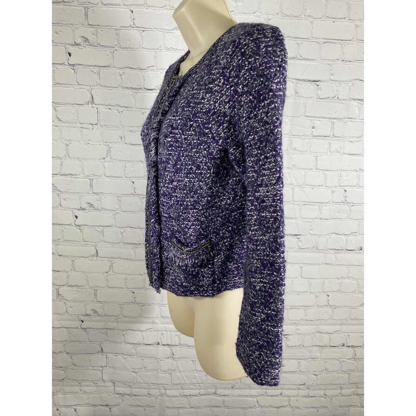 Chicos Purple White Gray Wool Blend Knit Sweater Jacket Hook Eye Closure XS