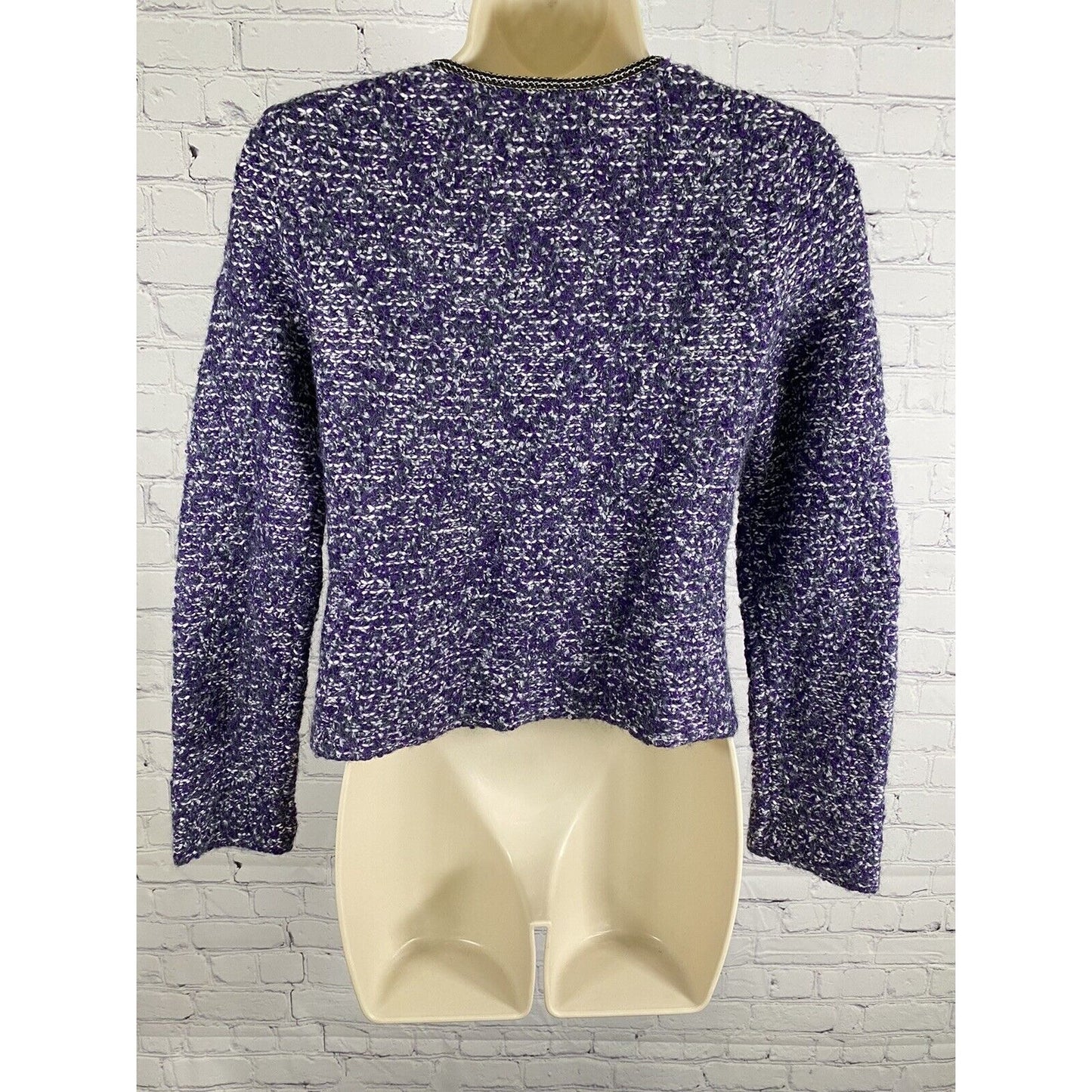 Chicos Purple White Gray Wool Blend Knit Sweater Jacket Hook Eye Closure XS