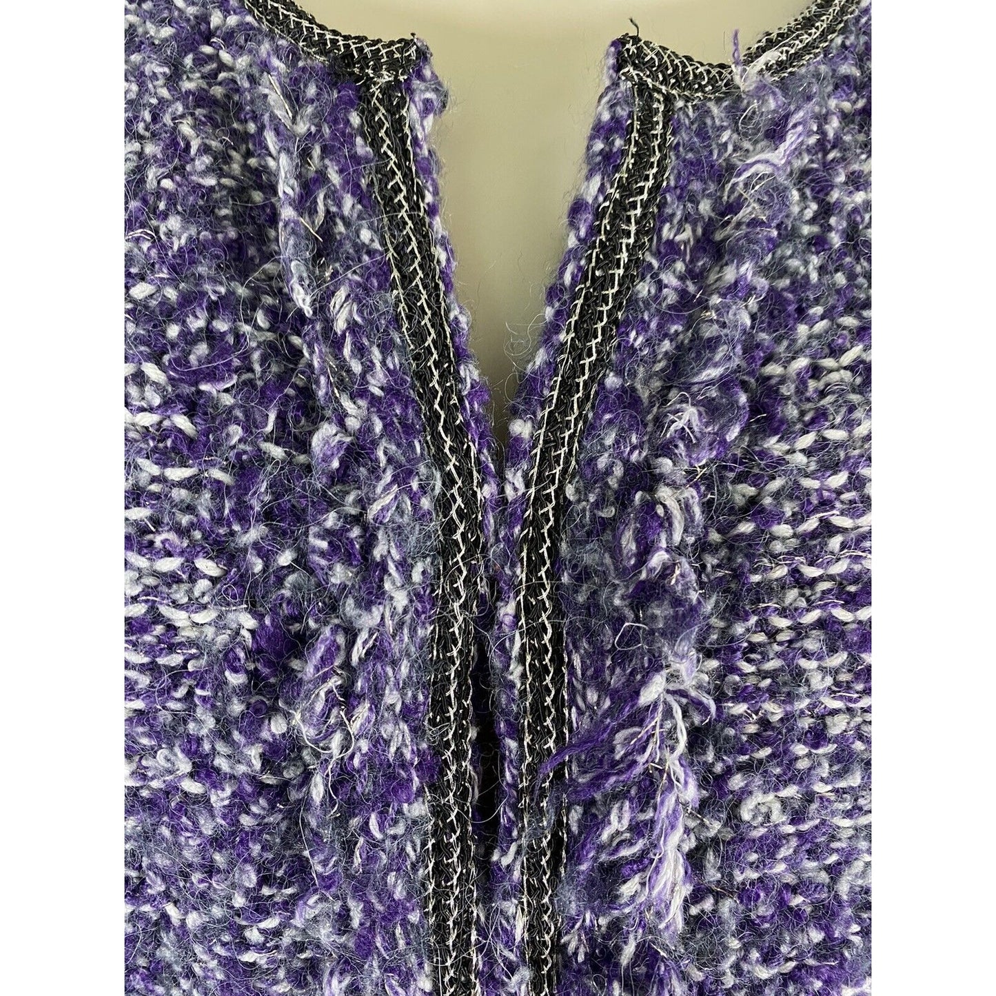 Chicos Purple White Gray Wool Blend Knit Sweater Jacket Hook Eye Closure XS