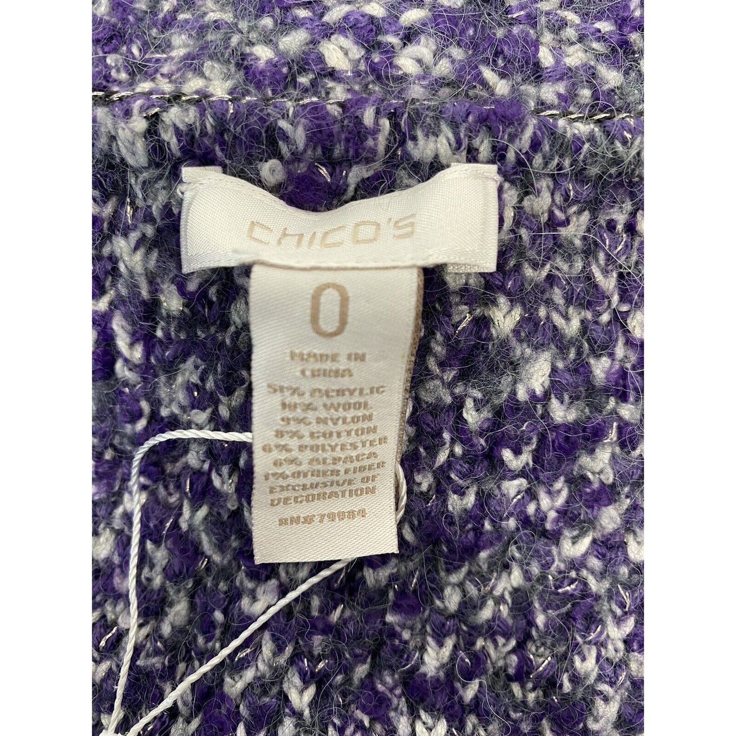 Chicos Purple White Gray Wool Blend Knit Sweater Jacket Hook Eye Closure XS