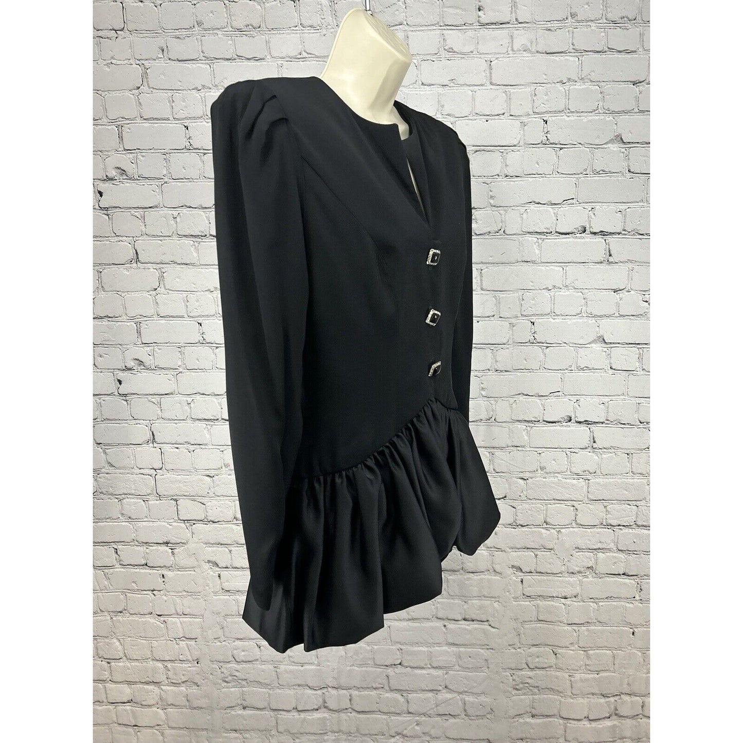 VTG CI New York Paris Black Rhinestone Button Shoulder Pad Long Sleeve Blouse 6