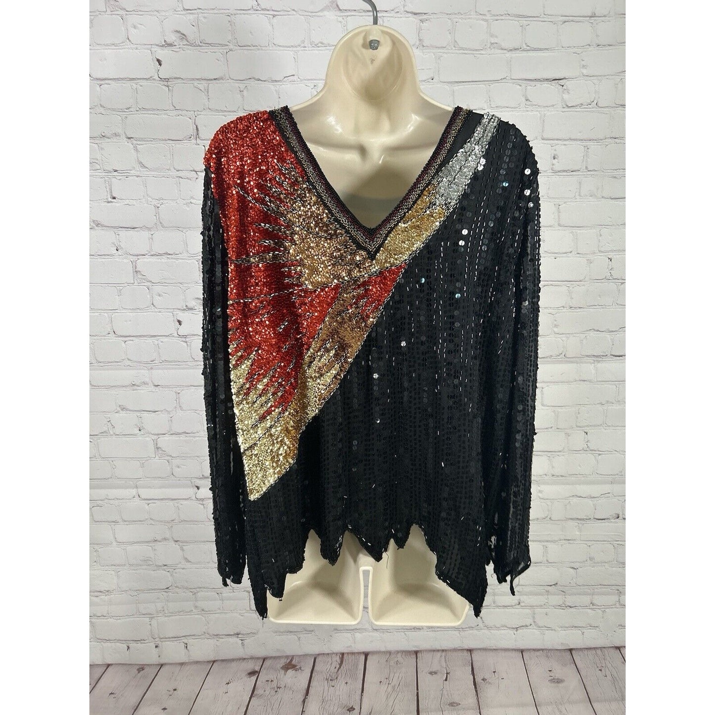 VTG 80’s Sho Max Multicolored Silk Sequin Bead Bling 3/4 Sleeve Blouse Women 2X