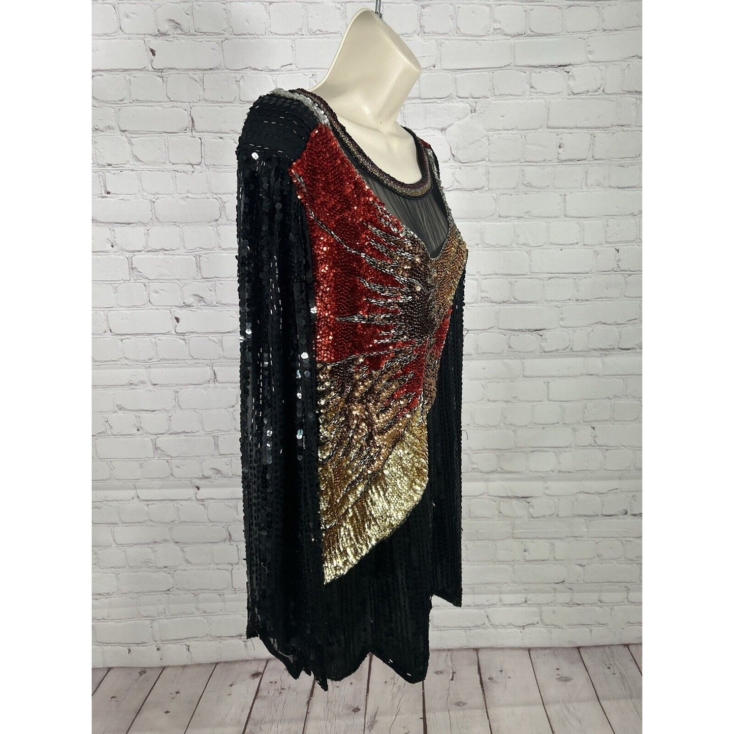 VTG 80’s Sho Max Multicolored Silk Sequin Bead Bling 3/4 Sleeve Blouse Women 2X