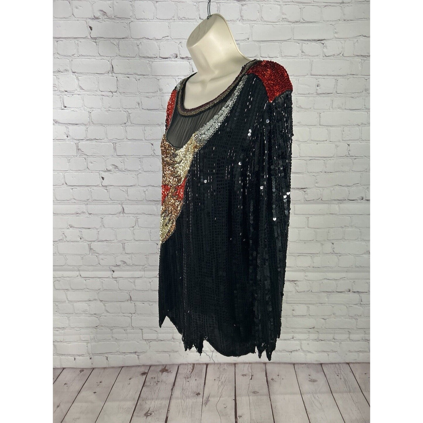 VTG 80’s Sho Max Multicolored Silk Sequin Bead Bling 3/4 Sleeve Blouse Women 2X