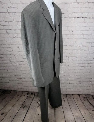 Lineage Grey Super Fine Wool Pinstriped Full Suit Set Blazer Size 46L Pants 40L