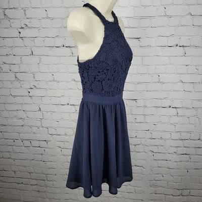 Lulus Navy Navy Blue Floral Crochet Lace Halter Lined A-Line Short Dress XS
