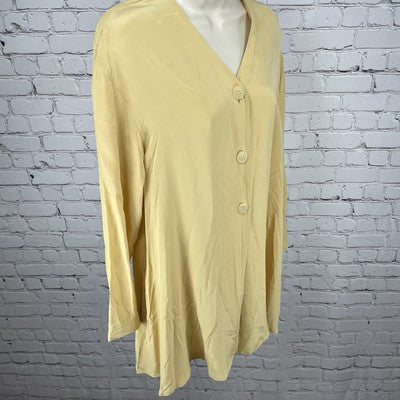 August Silk Yellow 100% Silk Buttoned Long Sleeve Tunic Blouse Top Size Medium M