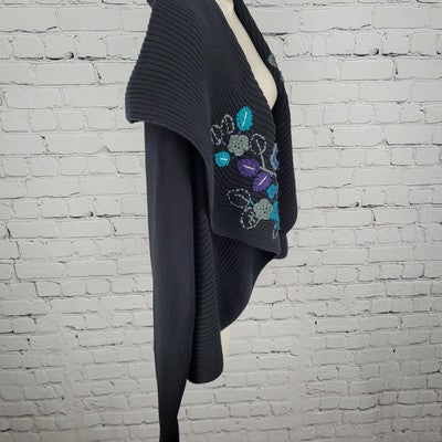 Freelance Black 100% Cotton Floral Embroidery Open Shawl Cardigan Size Large L