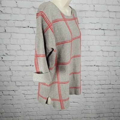 Tahari Grey Red Check 3/4 Cuffed Short Sleeve Pullover Lightweight Sweater 1X