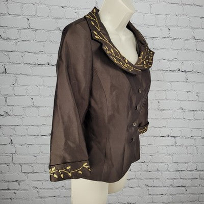 Jodi Brown Wool Silk Blend Gold Embroidered 3/4 Sleeve Buttoned Jacket Size 4