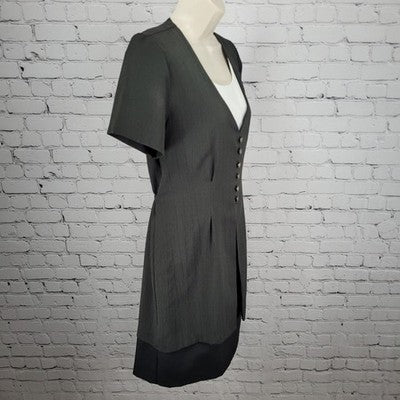 VTG Lisa Jo Dark Green Short Sleeve Tie Back Gold Buttoned Dress Small S