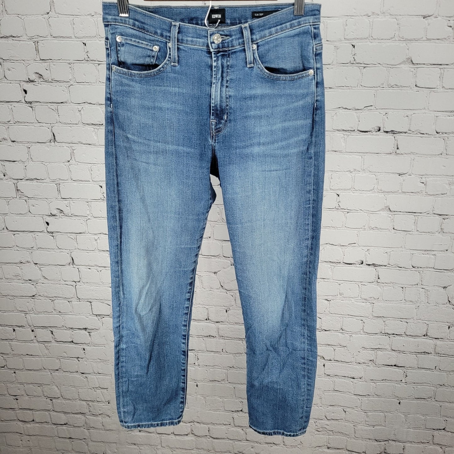 Edwin Blue Denim Elin Crop Straight Mid Rise Jeans USA Made Size 27 (27x25.5)