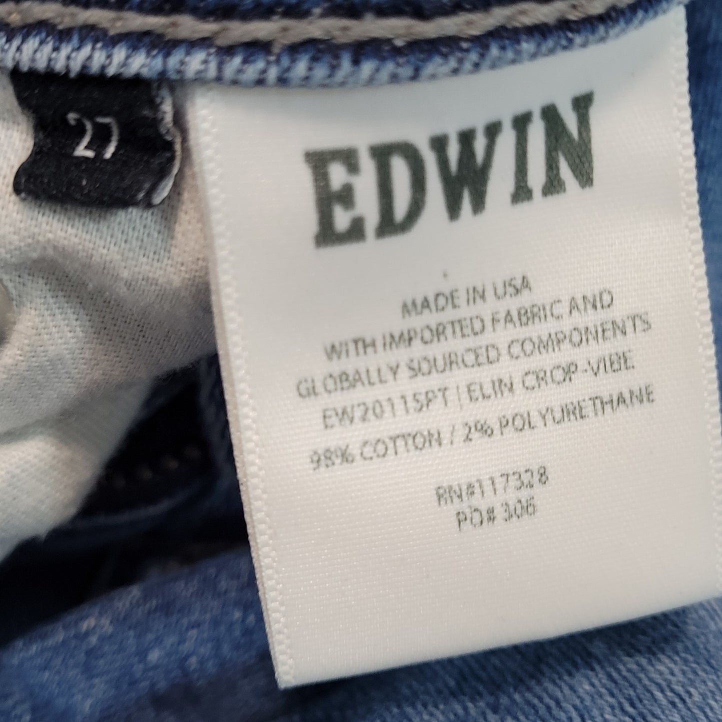 Edwin Blue Denim Elin Crop Straight Mid Rise Jeans USA Made Size 27 (27x25.5)