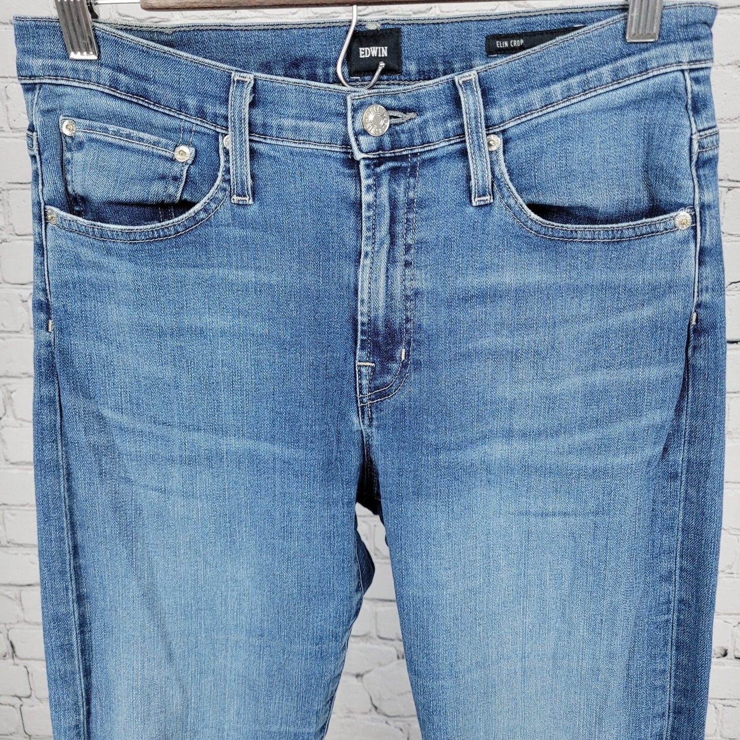 Edwin Blue Denim Elin Crop Straight Mid Rise Jeans USA Made Size 27 (27x25.5)