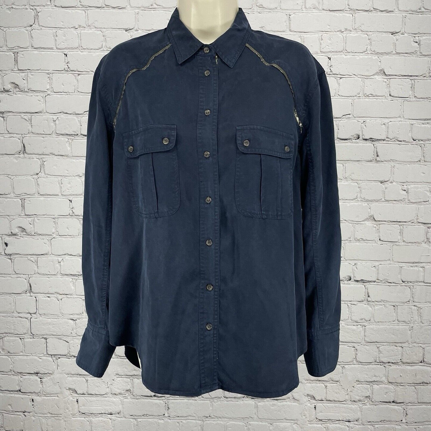 Free People Dark Blue Long Sleeve Button Up Soft Metallic Detail Size Small S