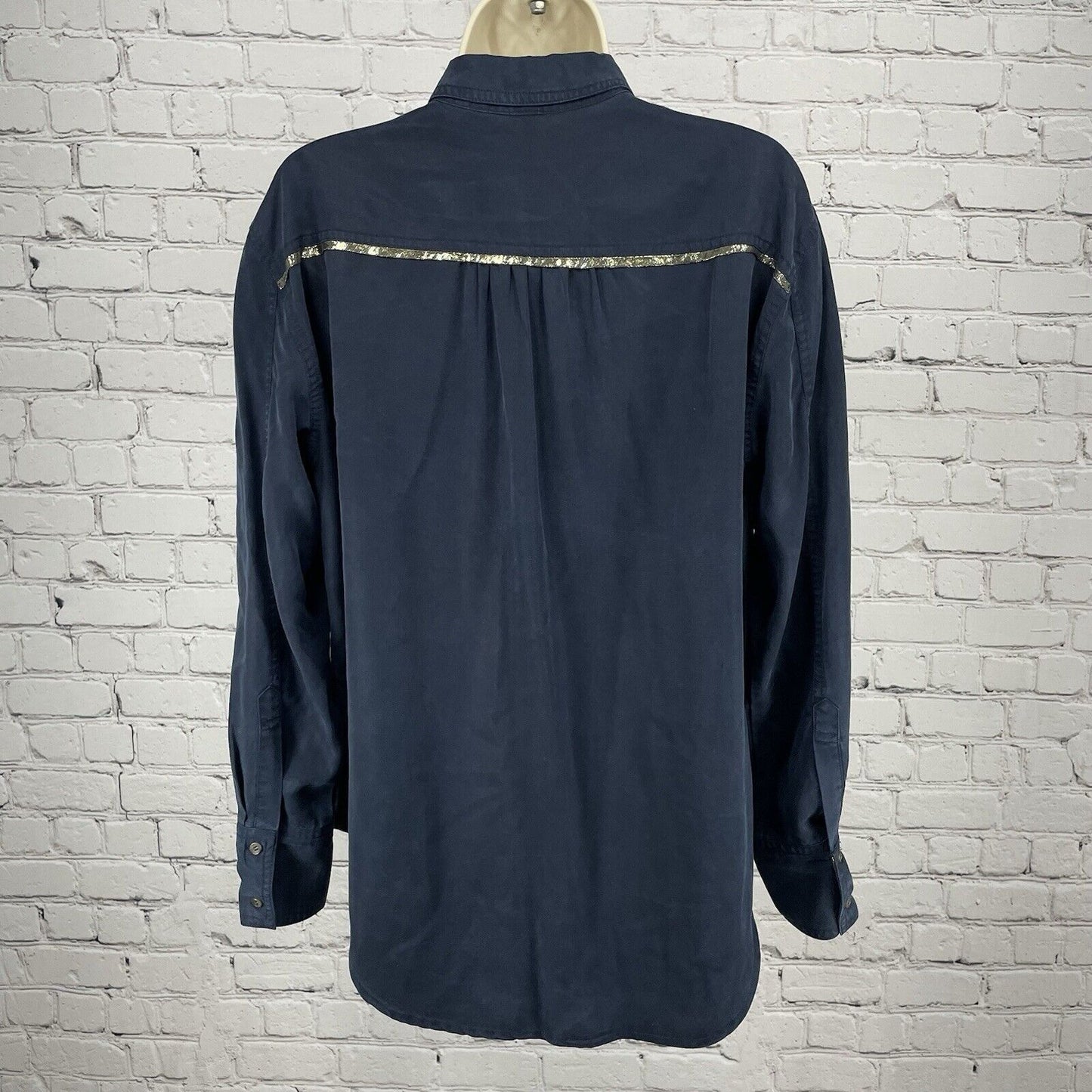 Free People Dark Blue Long Sleeve Button Up Soft Metallic Detail Size Small S