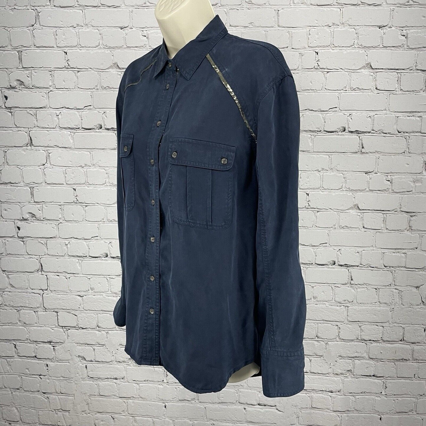 Free People Dark Blue Long Sleeve Button Up Soft Metallic Detail Size Small S