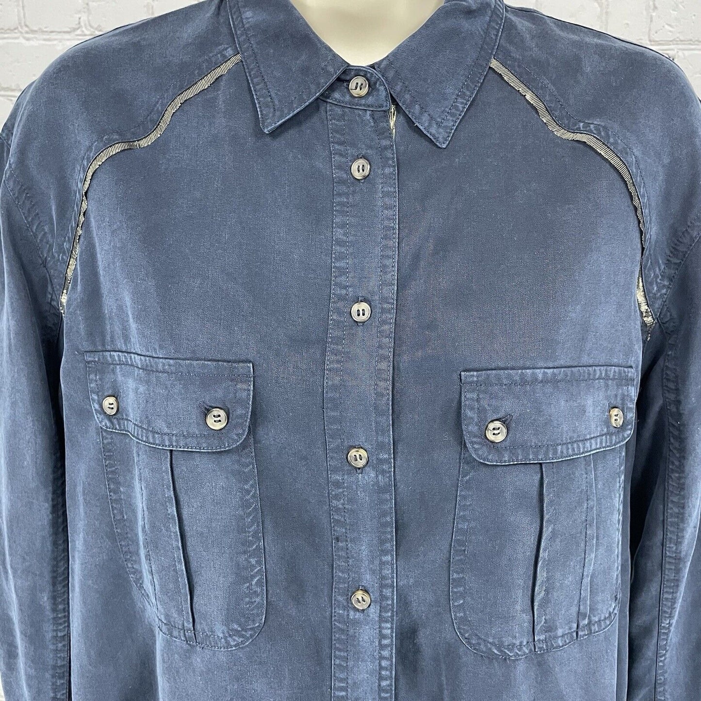 Free People Dark Blue Long Sleeve Button Up Soft Metallic Detail Size Small S