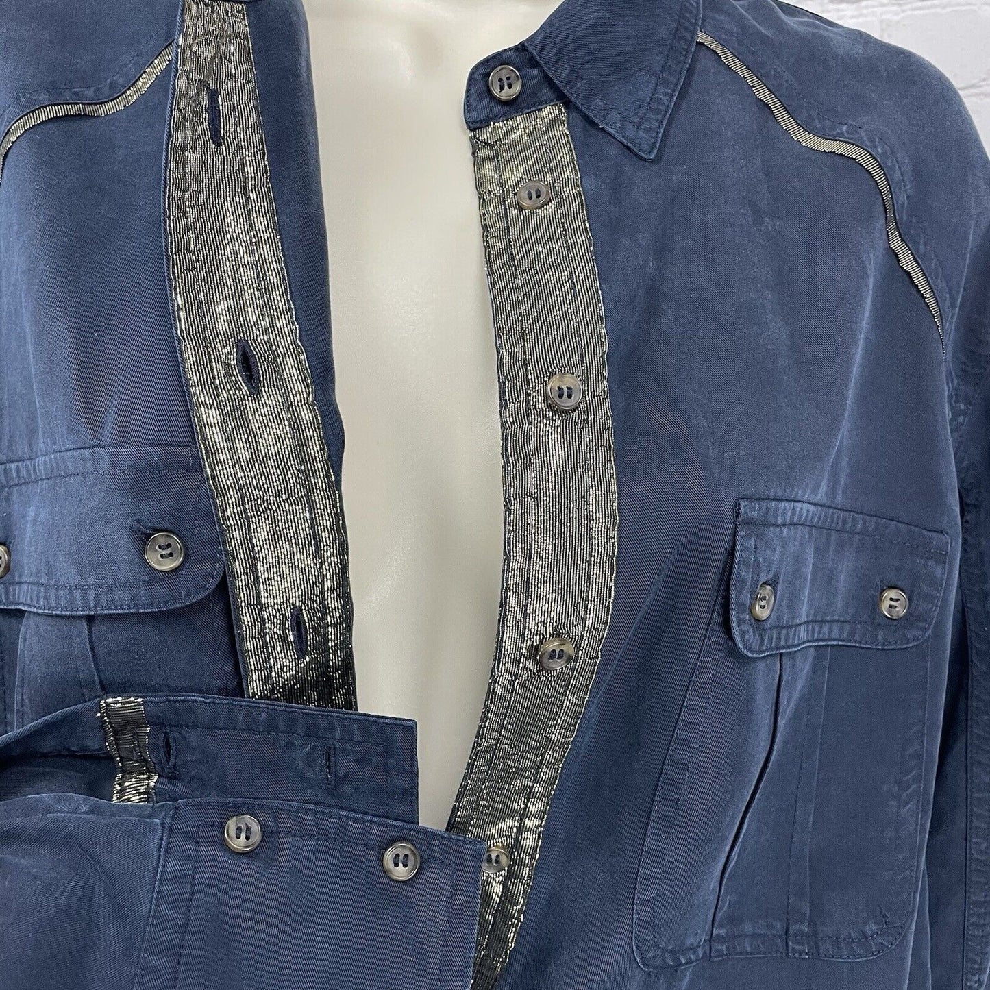 Free People Dark Blue Long Sleeve Button Up Soft Metallic Detail Size Small S
