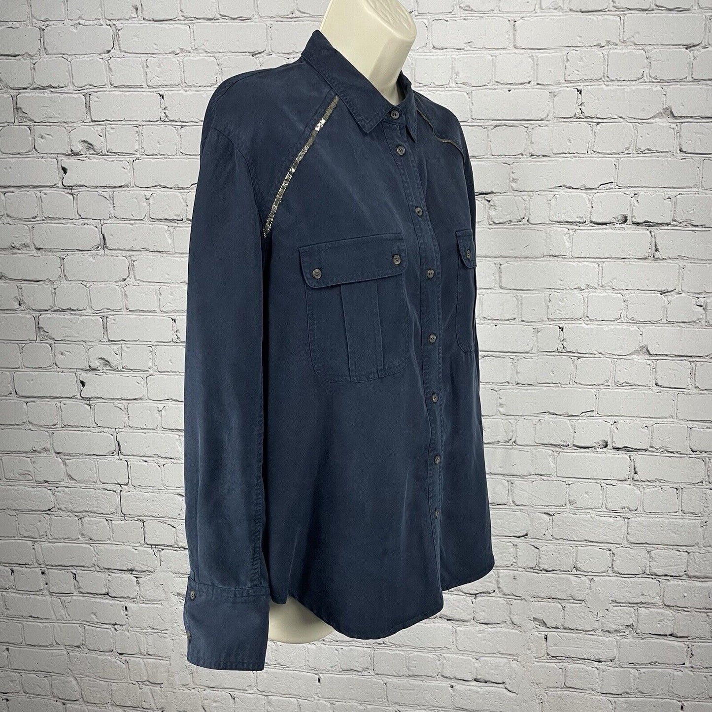 Free People Dark Blue Long Sleeve Button Up Soft Metallic Detail Size Small S