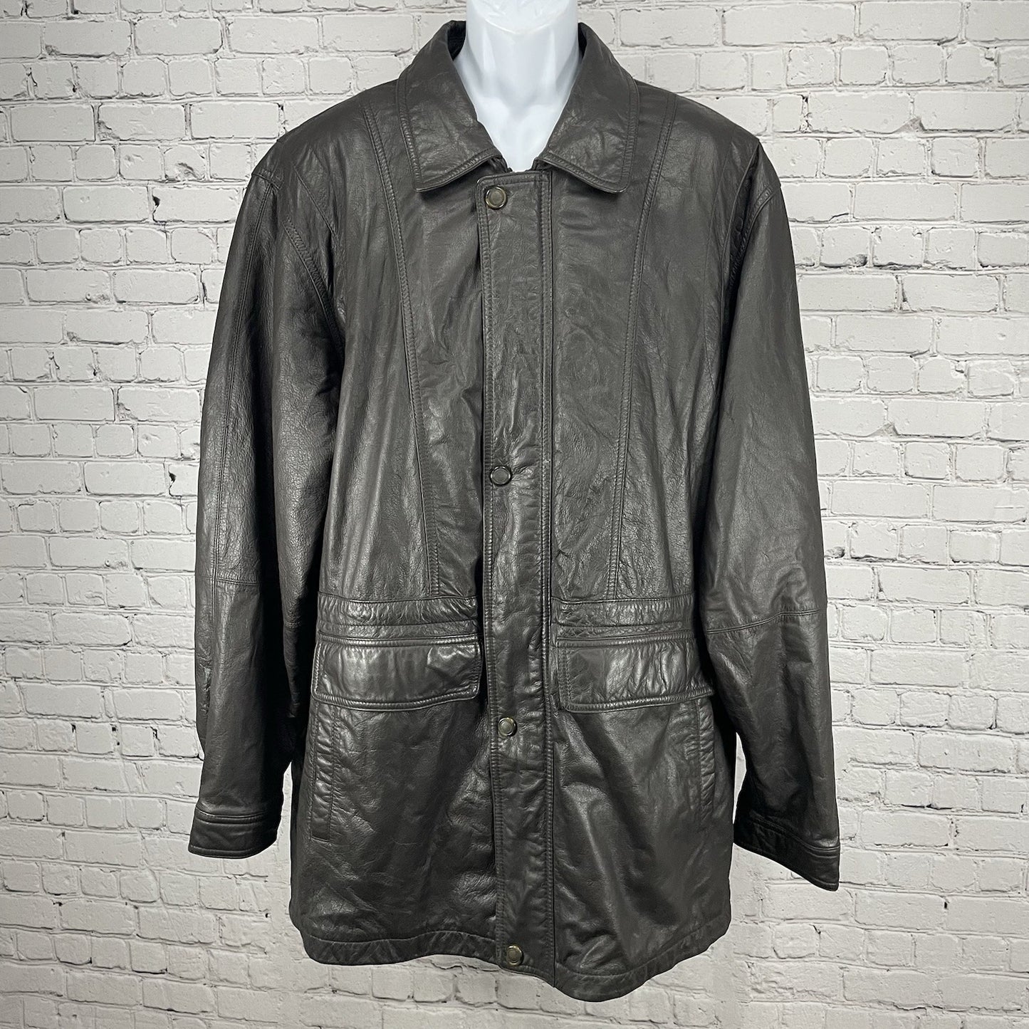 Members Only Brown Leather Zipped Snap Jacket Lined Pockets Collared Size XLT