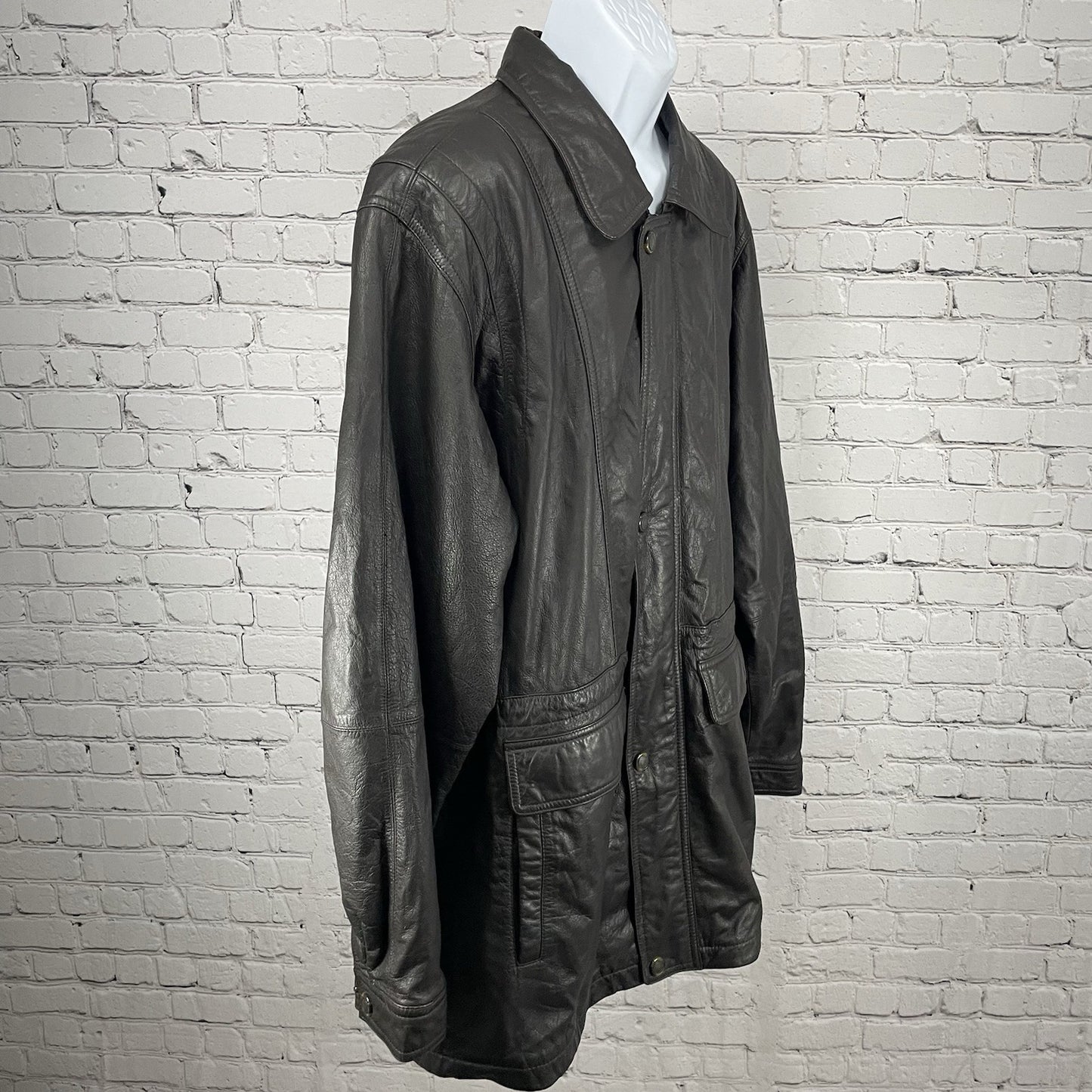 Members Only Brown Leather Zipped Snap Jacket Lined Pockets Collared Size XLT